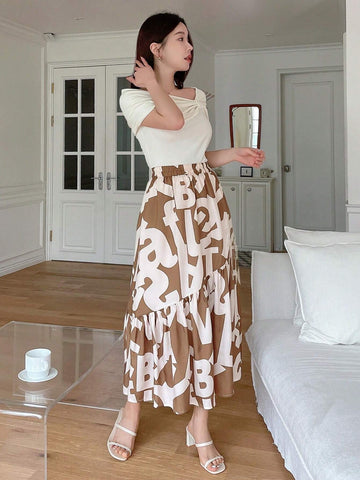 DAZY Ladies' Elastic Waist Ruffled Hem Allover Print Skirt, Summer