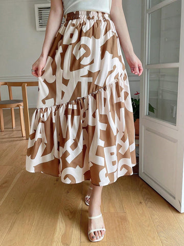 DAZY Ladies' Elastic Waist Ruffled Hem Allover Print Skirt, Summer