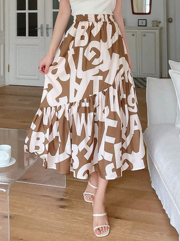 DAZY Ladies' Elastic Waist Ruffled Hem Allover Print Skirt, Summer