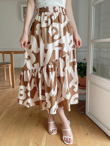 DAZY Ladies' Elastic Waist Ruffled Hem Allover Print Skirt, Summer