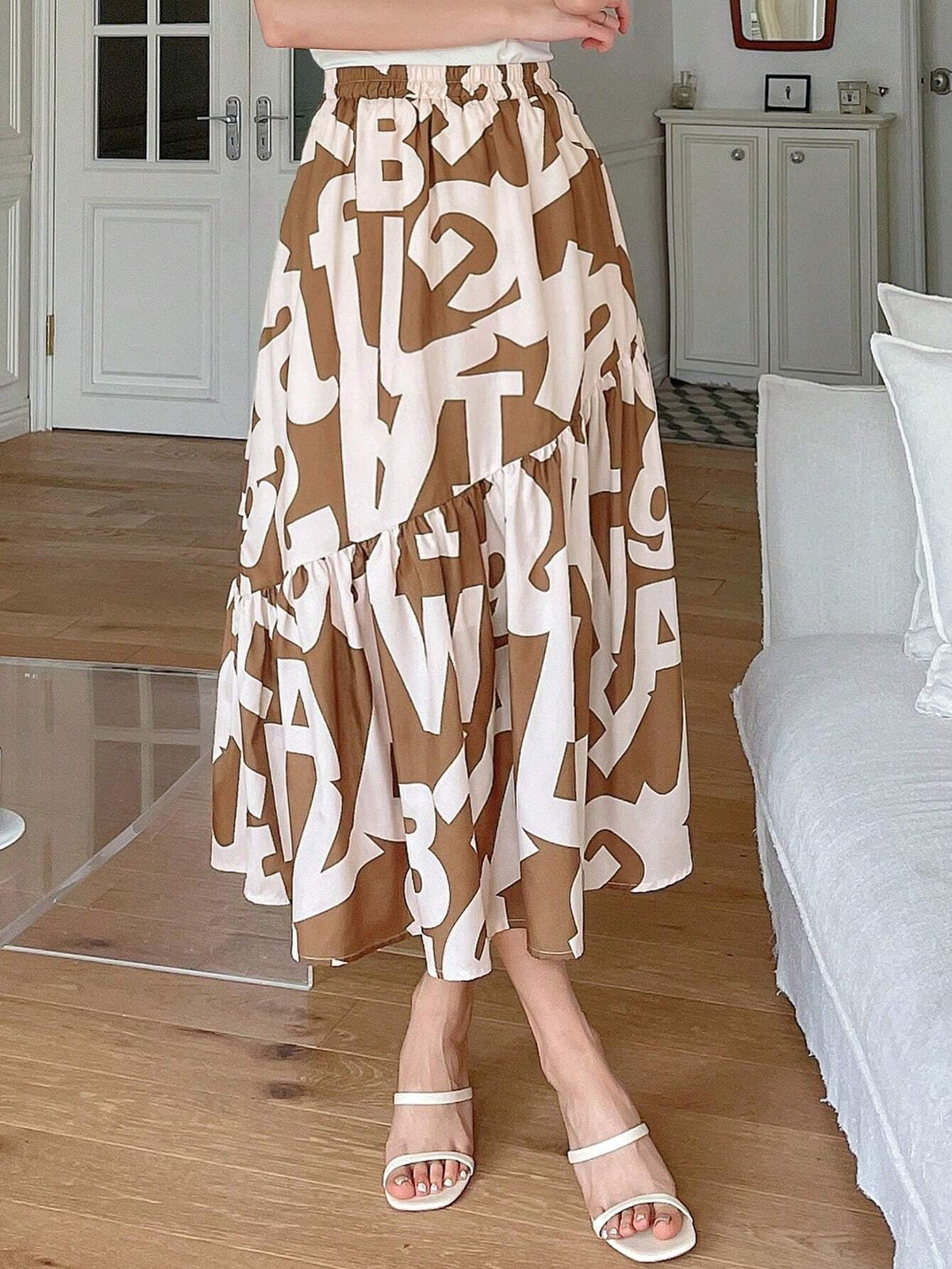 DAZY Ladies' Elastic Waist Ruffled Hem Allover Print Skirt, Summer