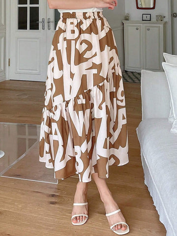 DAZY Ladies' Elastic Waist Ruffled Hem Allover Print Skirt, Summer