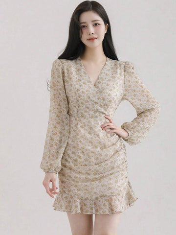 DAZY Ladies' Elegant Lantern Sleeve Wrap Dress With Crinkled Pleats, Frilled Hem And Ditsy Floral Print, Summer
