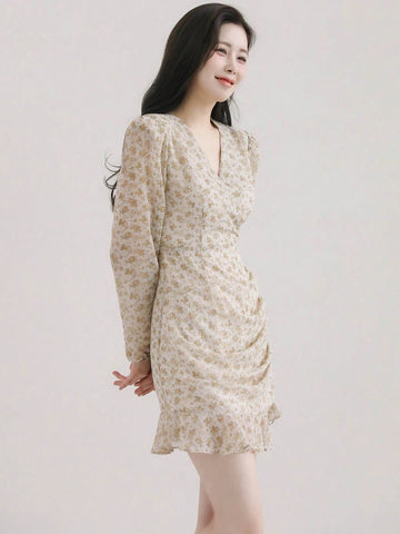 DAZY Ladies' Elegant Lantern Sleeve Wrap Dress With Crinkled Pleats, Frilled Hem And Ditsy Floral Print, Summer