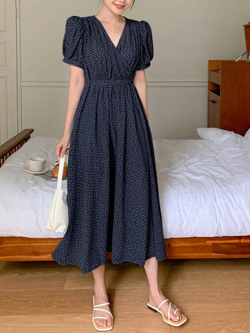 DAZY Ladies' Floral Print Bubble Sleeve V-Neck Dress