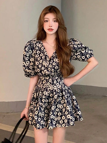 DAZY Ladies' Floral Print Puff Sleeve Waist Cinched Dress