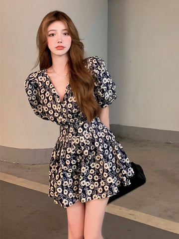 DAZY Ladies' Floral Print Puff Sleeve Waist Cinched Dress