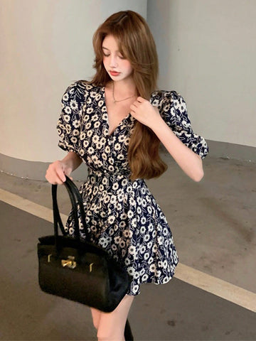 DAZY Ladies' Floral Print Puff Sleeve Waist Cinched Dress