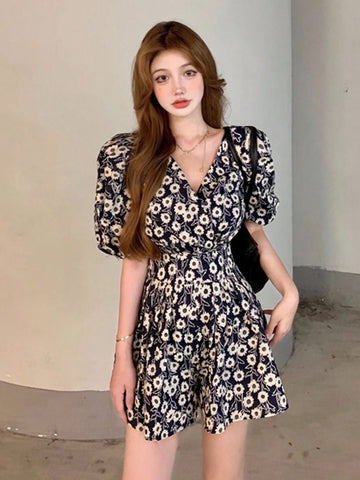 DAZY Ladies' Floral Print Puff Sleeve Waist Cinched Dress