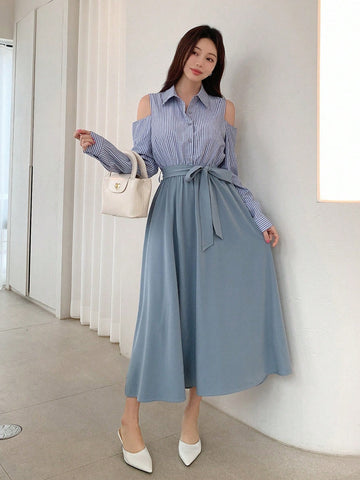 DAZY Ladies' Hollow Out Shoulder Striped Shirt Dress With Waist Belt
