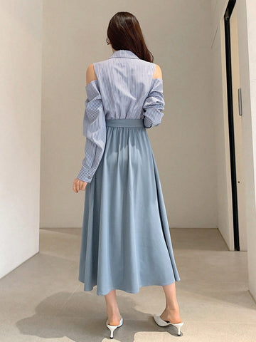 DAZY Ladies' Hollow Out Shoulder Striped Shirt Dress With Waist Belt