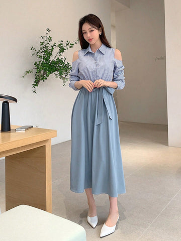 DAZY Ladies' Hollow Out Shoulder Striped Shirt Dress With Waist Belt