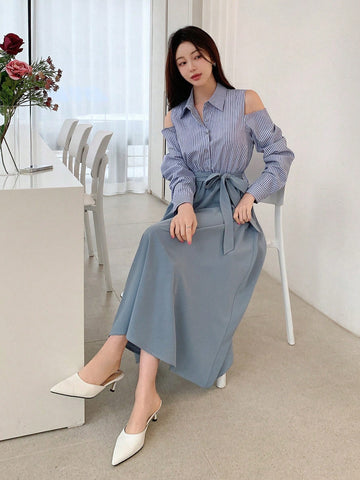 DAZY Ladies' Hollow Out Shoulder Striped Shirt Dress With Waist Belt