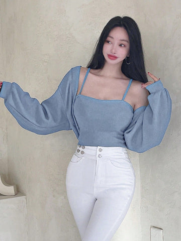 DAZY Ladies' Knit Ribbed Camisole Top And Cardigan Twinset