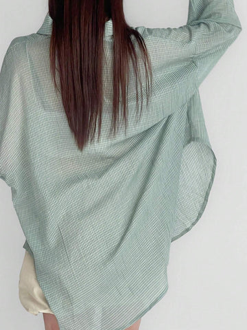 DAZY Ladies' Loose Plaid Turn-Down Collar Long Sleeve Shirt