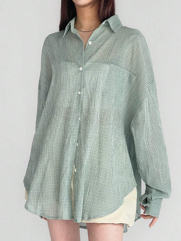 DAZY Ladies' Loose Plaid Turn-Down Collar Long Sleeve Shirt