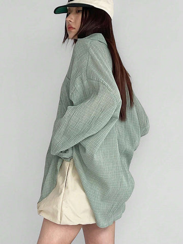 DAZY Ladies' Loose Plaid Turn-Down Collar Long Sleeve Shirt