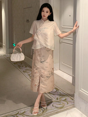 DAZY Ladies' New Chinese Style Shirt Skirt Two-Piece Set