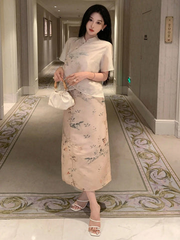 DAZY Ladies' New Chinese Style Shirt Skirt Two-Piece Set