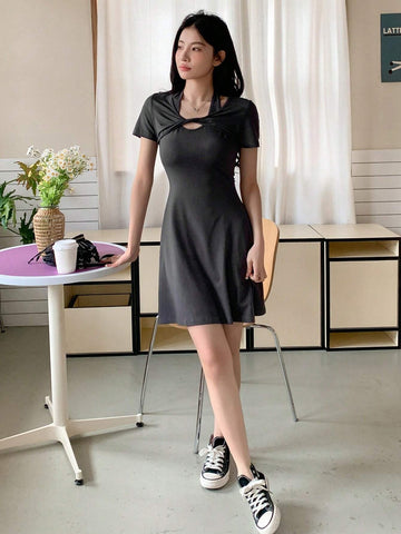 DAZY Ladies' One-Color Twist Knot Design Hollow Out Dress