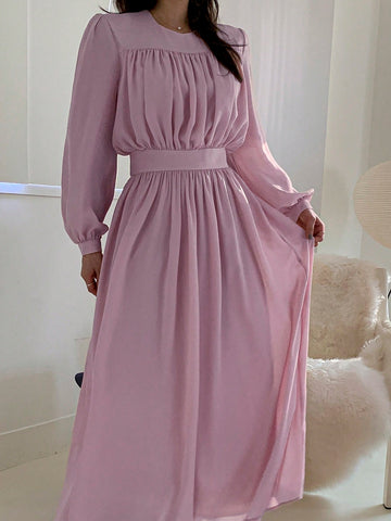 DAZY Ladies' Round Neck Pleated Solid Color Dress
