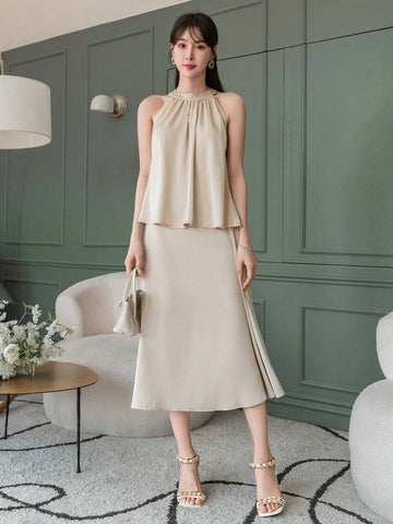 DAZY Ladies' Sleeveless Solid Color Top And Skirt Set