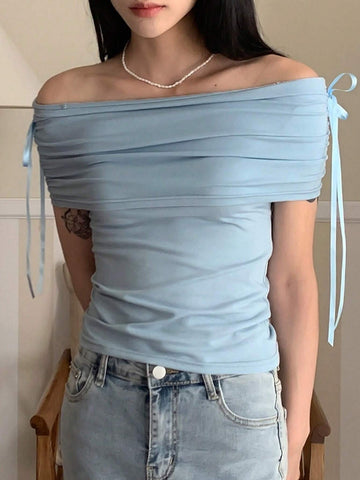 DAZY Ladies Solid Color Off Shoulder Strap Slim Fit T-Shirt