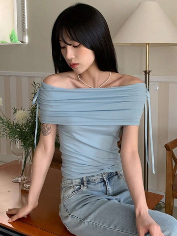 DAZY Ladies Solid Color Off Shoulder Strap Slim Fit T-Shirt