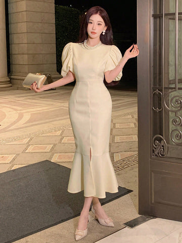 DAZY Ladies' Solid Color Puff Sleeve Mermaid Hem Bodycon Dress
