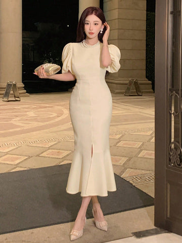 DAZY Ladies' Solid Color Puff Sleeve Mermaid Hem Bodycon Dress