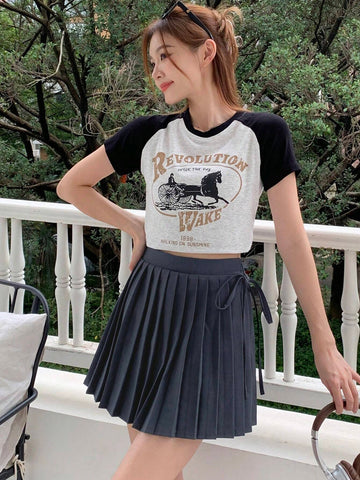 DAZY Ladies' Solid Color Ribbon Daily Wear Pleated Skirt