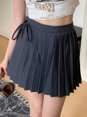 DAZY Ladies' Solid Color Ribbon Daily Wear Pleated Skirt
