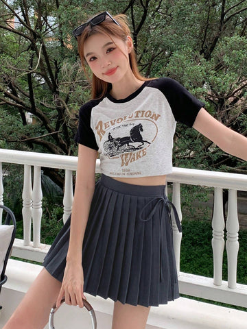 DAZY Ladies' Solid Color Ribbon Daily Wear Pleated Skirt