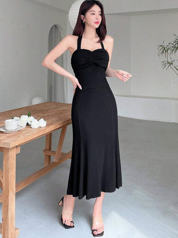 DAZY Ladies' Solid Color Ruffle Neck Spaghetti Strap Top And Skirt Set For Summer