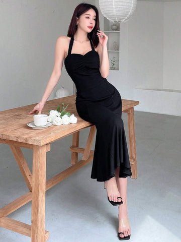 DAZY Ladies' Solid Color Ruffle Neck Spaghetti Strap Top And Skirt Set For Summer