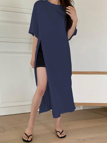 DAZY Ladies' Solid Color Short Sleeve Long T-Shirt With Split Hem And Embroidered Letters