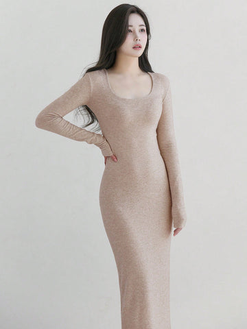 DAZY Ladies' Solid Color Slim Fit Long Sleeve Dress