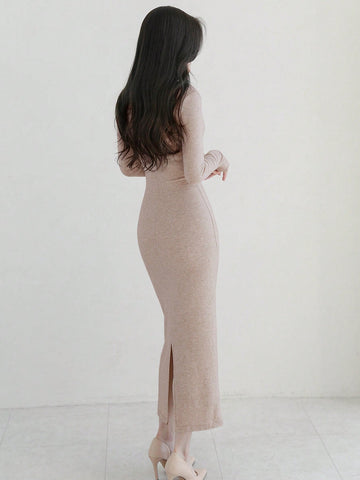 DAZY Ladies' Solid Color Slim Fit Long Sleeve Dress