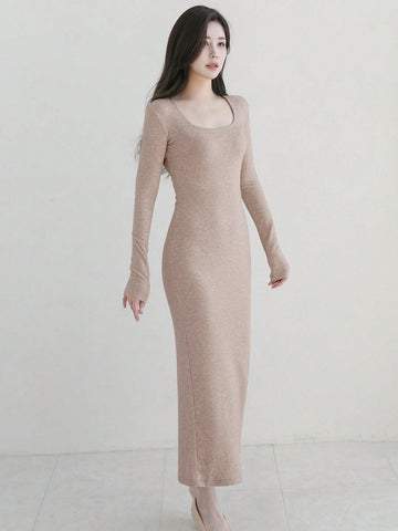 DAZY Ladies' Solid Color Slim Fit Long Sleeve Dress