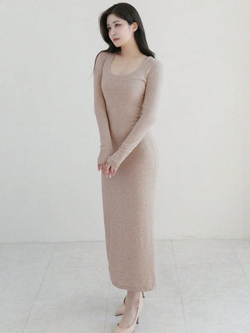 DAZY Ladies' Solid Color Slim Fit Long Sleeve Dress