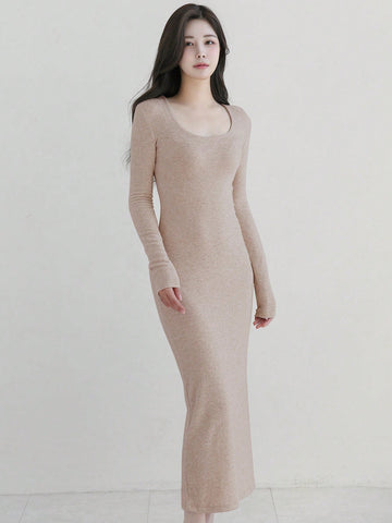 DAZY Ladies' Solid Color Slim Fit Long Sleeve Dress