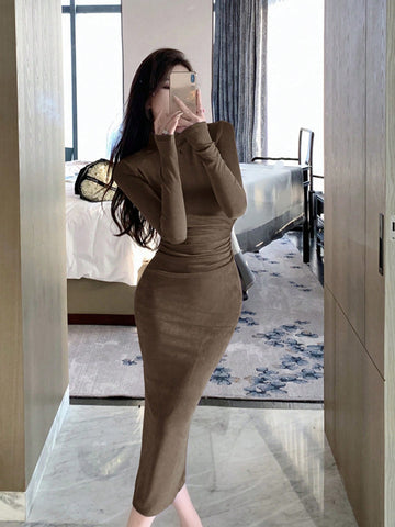 DAZY Ladies' Solid Color Stand Collar Bodycon Dress