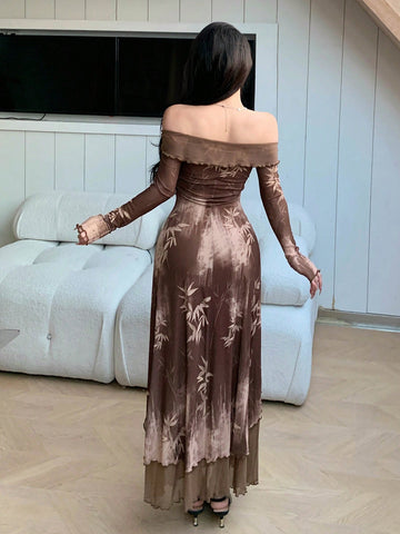 DAZY Ladies' Strapless Elastic Double Layer Mesh Sheer Bamboo Print Dress