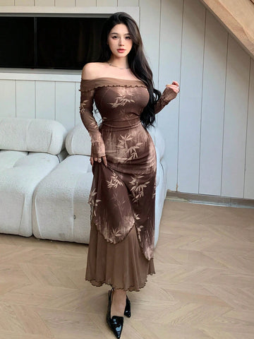 DAZY Ladies' Strapless Elastic Double Layer Mesh Sheer Bamboo Print Dress