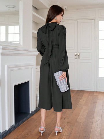 DAZY Ladies' Stylish Solid Color Soft Wind Chiffon Belted Bubble Sleeve Dress