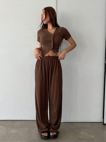 DAZY Ladies" Summer Casual Irregular Hem Short Sleeve T-Shirt And Long Pants Two Piece Set With Single-Breasted Closure