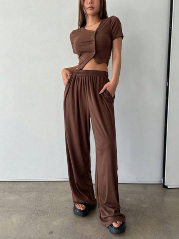 DAZY Ladies" Summer Casual Irregular Hem Short Sleeve T-Shirt And Long Pants Two Piece Set With Single-Breasted Closure