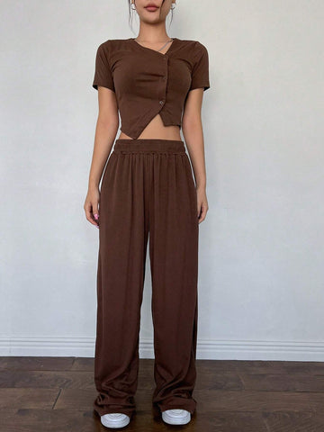 DAZY Ladies" Summer Casual Irregular Hem Short Sleeve T-Shirt And Long Pants Two Piece Set With Single-Breasted Closure