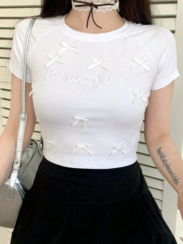 DAZY Ladies' Summer Slim Fit Round Neck Short Sleeve T-Shirt With Bow Decoration