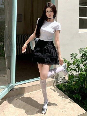 DAZY Ladies' Summer Slim Fit Round Neck Short Sleeve T-Shirt With Bow Decoration